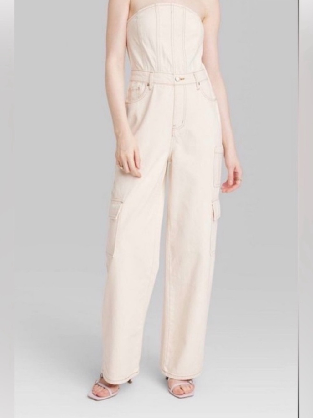 wild fable Cream Textured Strapless Jumpsuit
